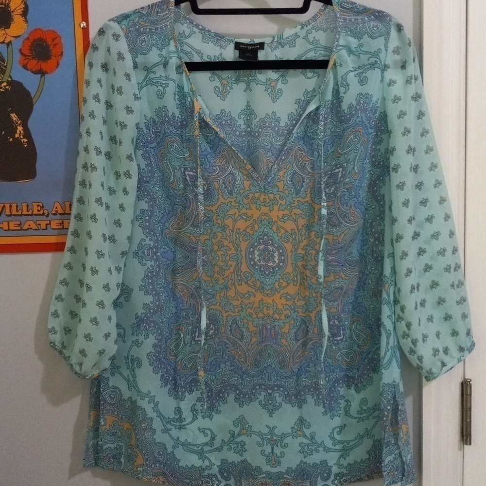 Ann Taylor Aqua and Lavender Paisley Print Boho Sheer Peasant Blouse - Picture 11 of 14